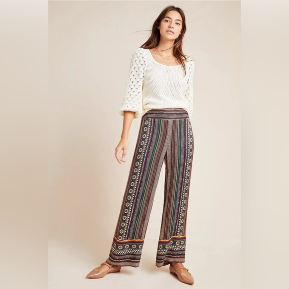 Farm Rio for Anthropologie Satin Wide-Leg Pants Black Stripe Geo Print
Size L - Picture 1 of 9